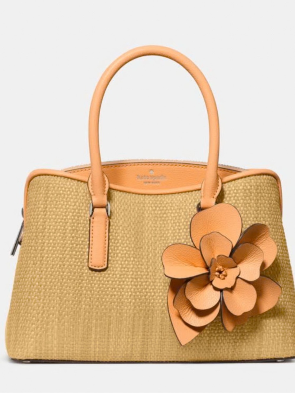 Kate Spade Women's Straw Tote with Tan Leather Trim and Floral Accent